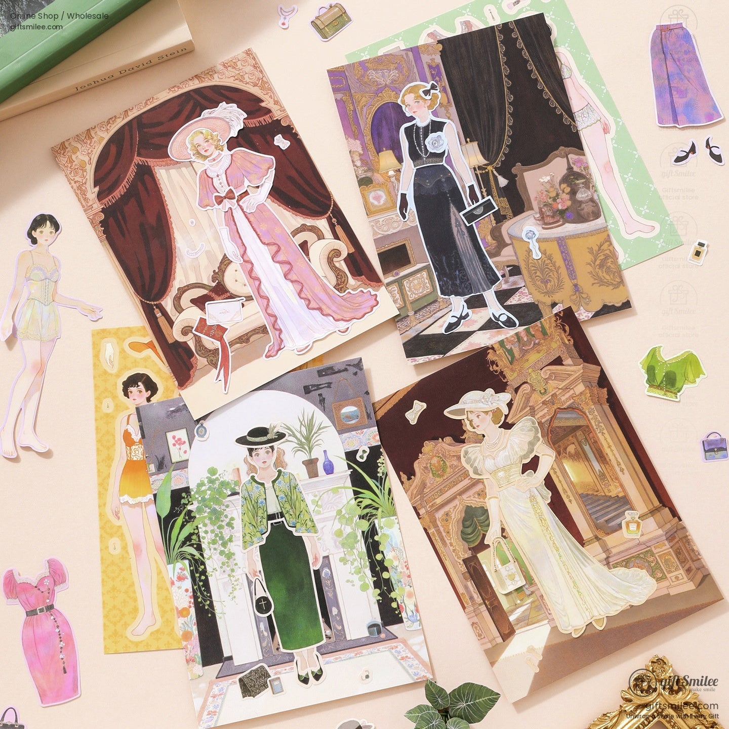 Sticker collection of retro paper dolls with intricate vintage scenes
