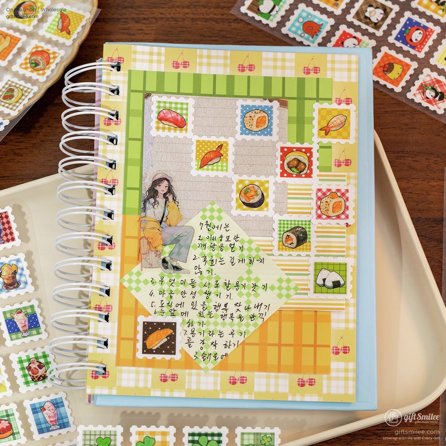 A journal decorated with food-themed kawaii stickers, showcasing creative scrapbooking ideas