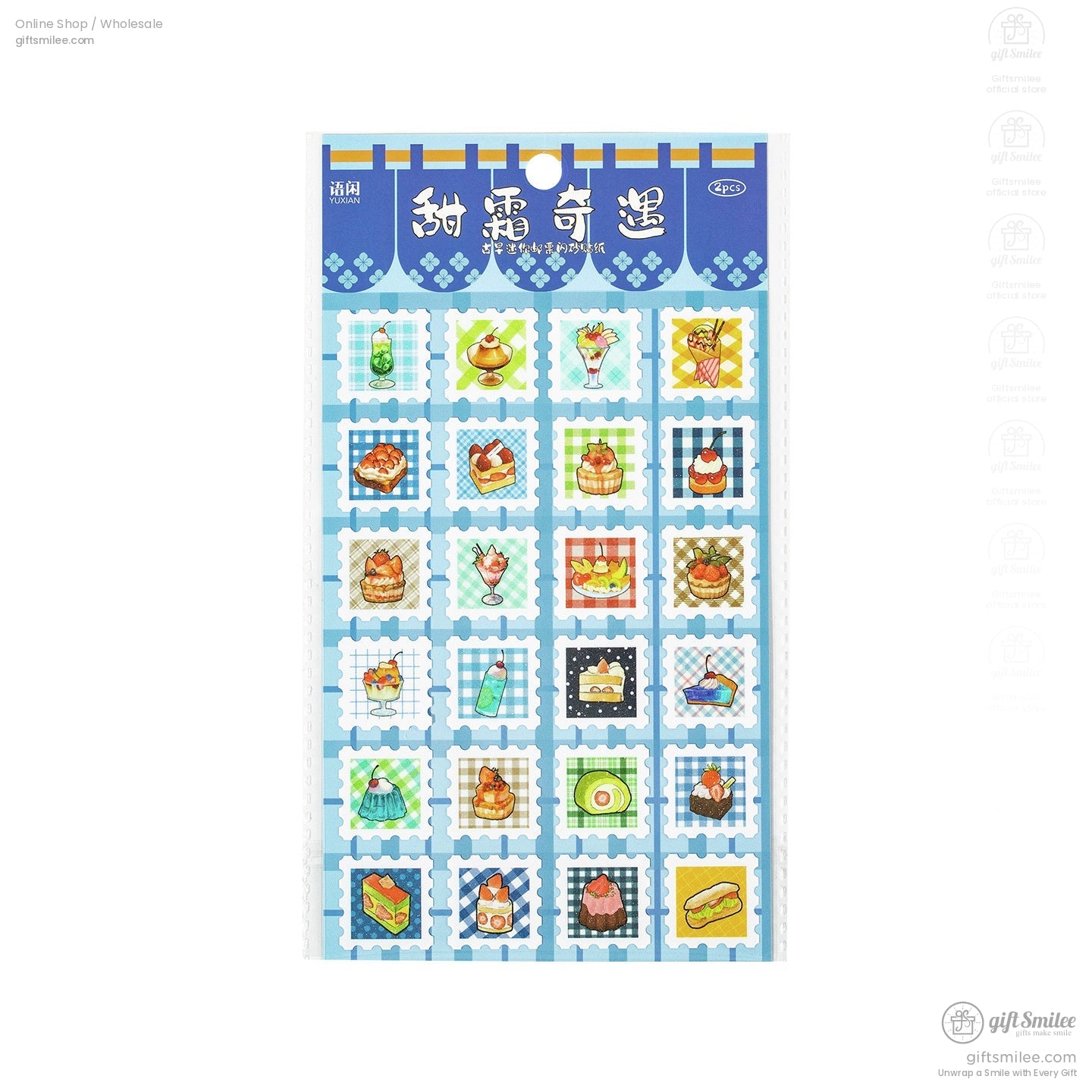 A detailed view of blue-themed mini stamp sticker sheets with adorable dessert designs