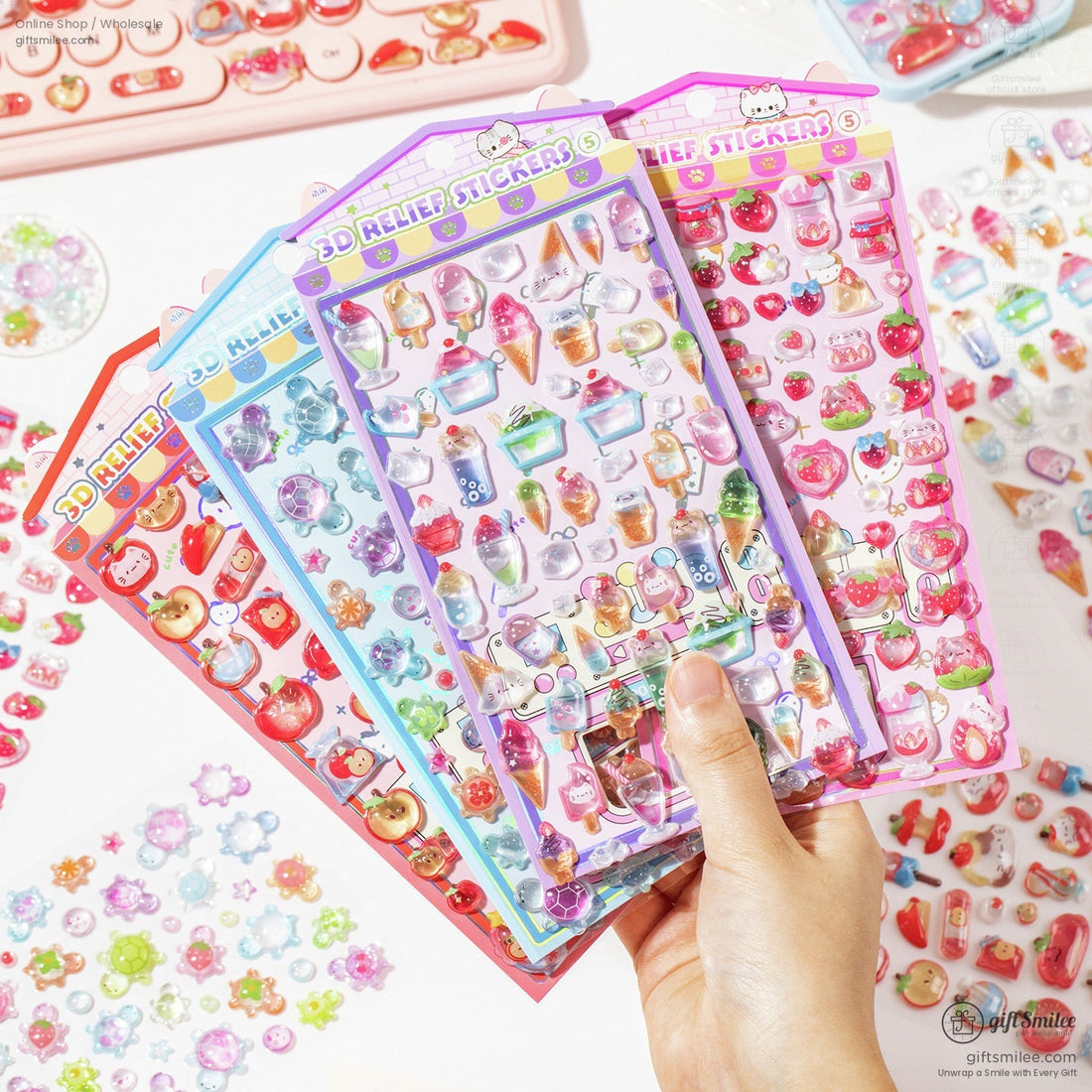 A vibrant set of 3D relief stickers featuring fruit, desserts, and kawaii animals held in hand