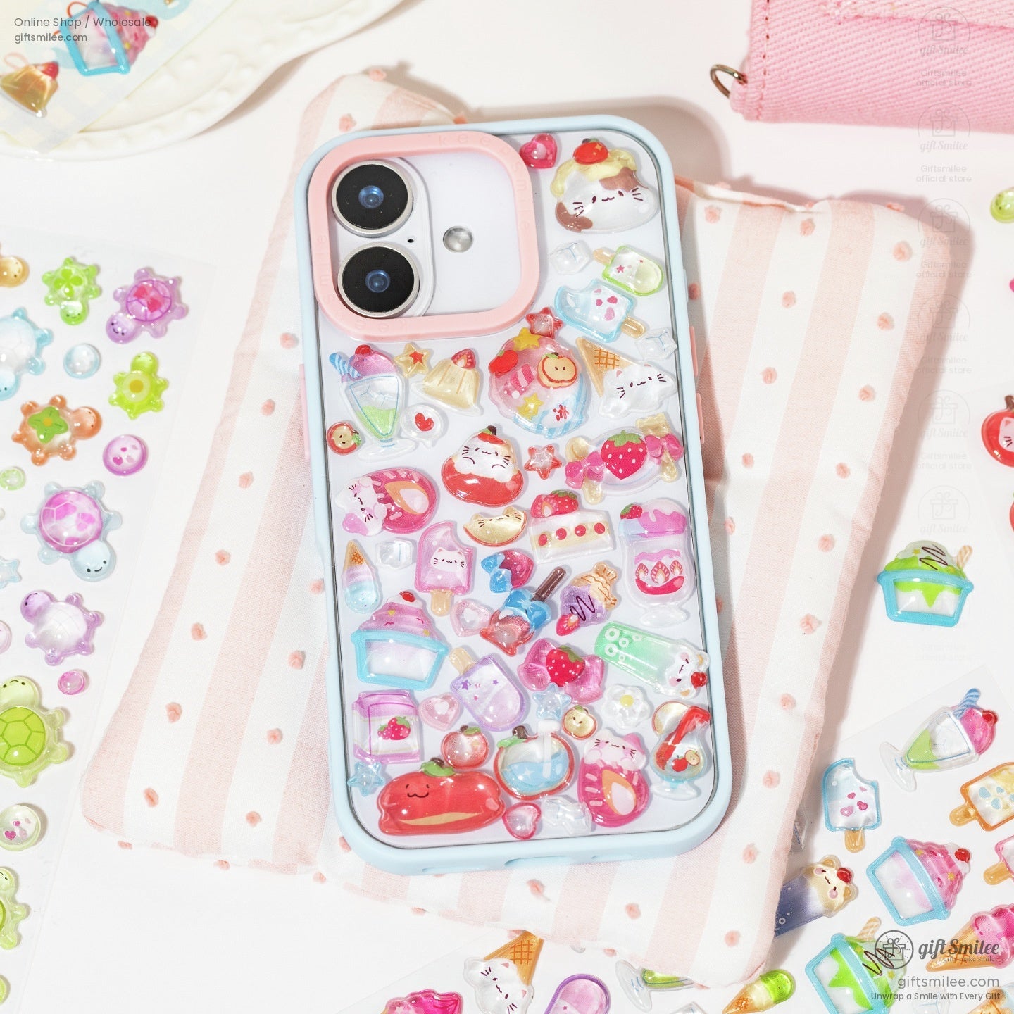 Phone case decorated with colorful 3D kawaii fruit and dessert stickers