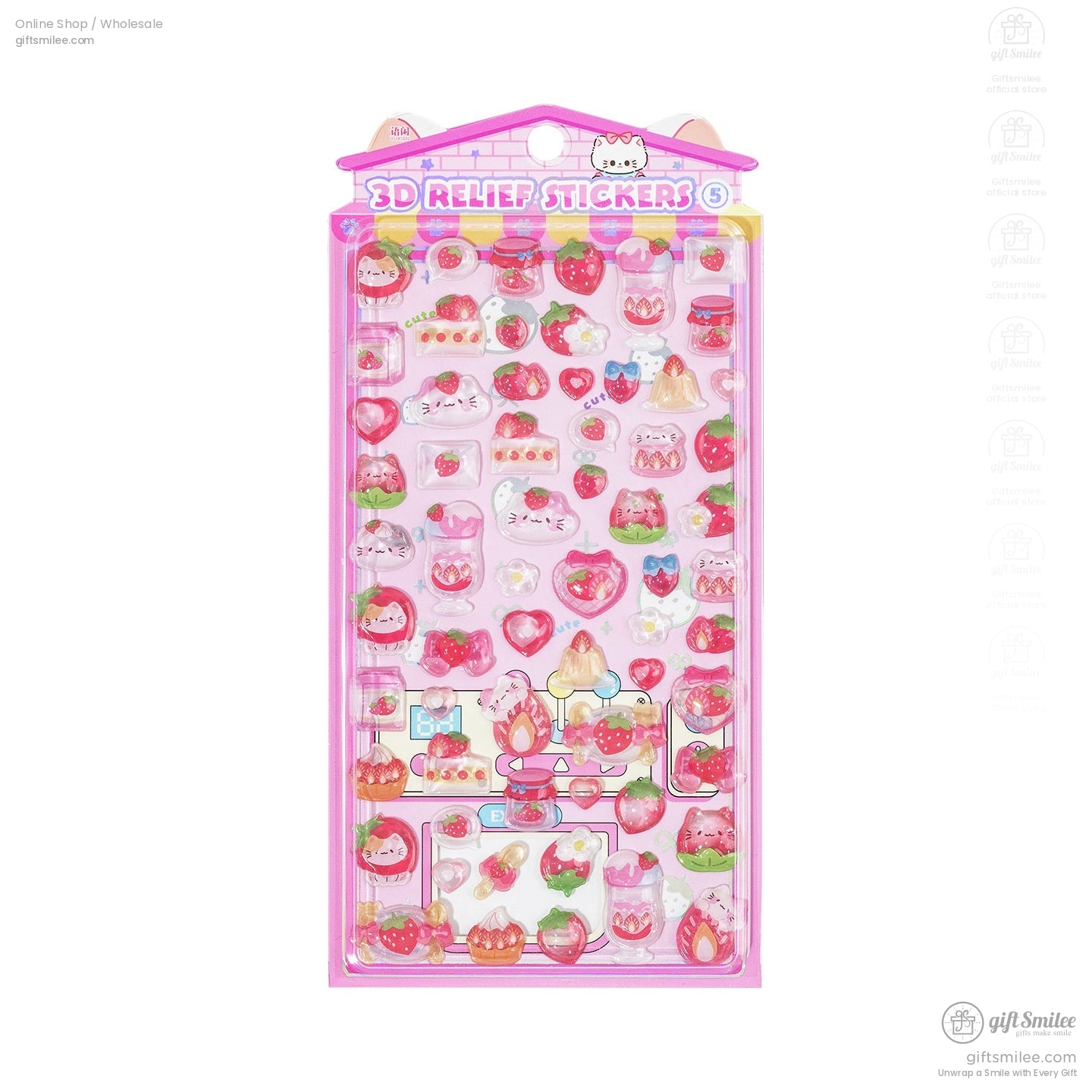 A single sheet of pink strawberry-themed 3D relief stickers with cute details