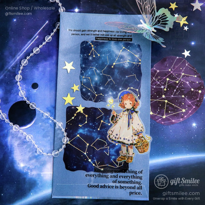 A constellation-themed sticker sheet with whimsical designs, accompanied by star and butterfly decorations
