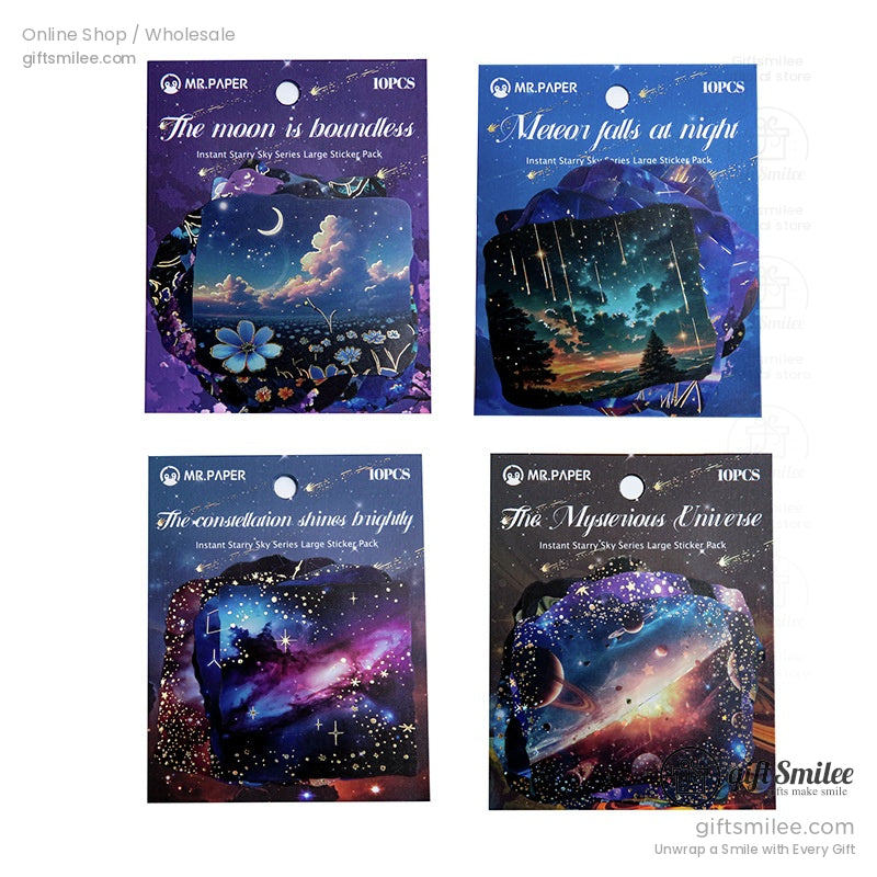 Four unique celestial sticker packs showcasing cosmic scenes, moons, and constellations in vibrant colors