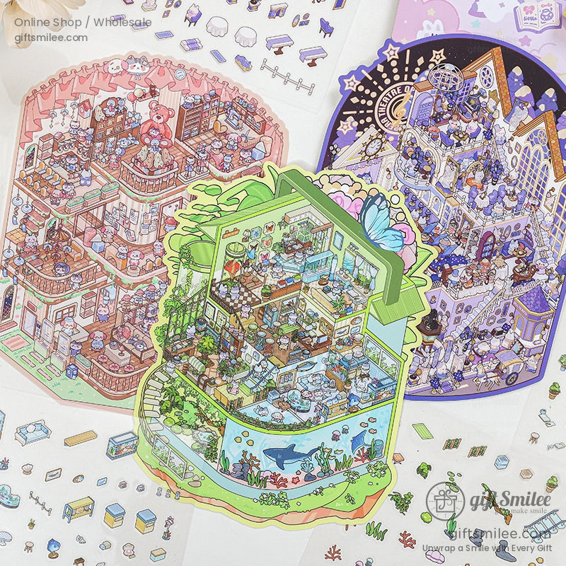Colorful sticker sheet featuring whimsical miniature cartoon worlds, with vibrant details of cozy rooms and adorable characters