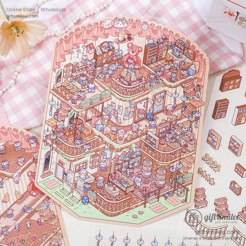Colorful sticker sheet featuring whimsical miniature cartoon worlds, with vibrant details of cozy rooms and adorable characters