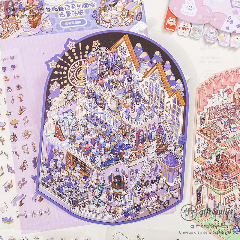 Purple-themed sticker sheet with a magical observatory and starry night design, filled with cute characters and celestial motifs