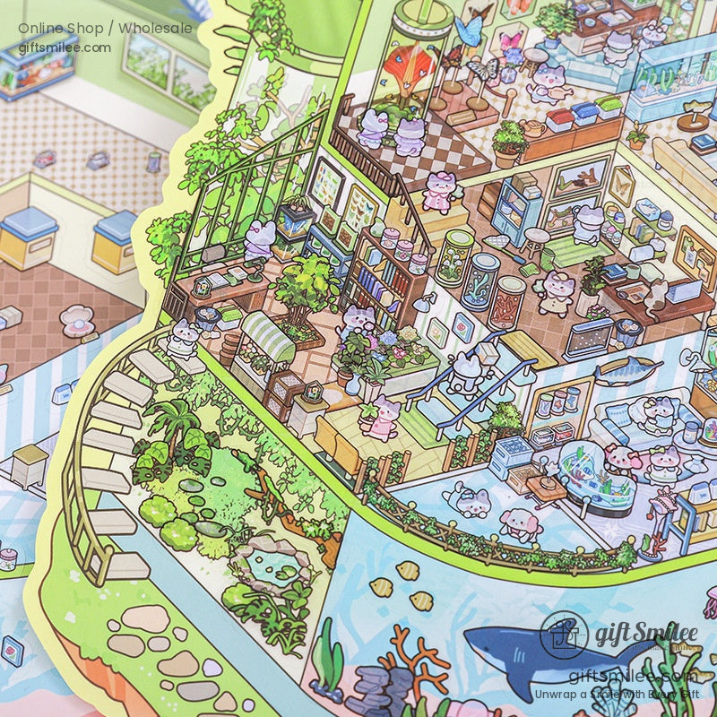 Green-themed sticker sheet highlighting a lush garden and underwater aquarium, teeming with playful animals and plants
