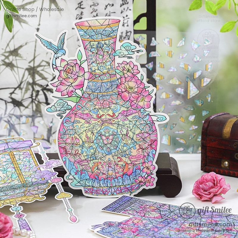 Vibrant oriental stained glass vase puzzle with lotus and hummingbird design