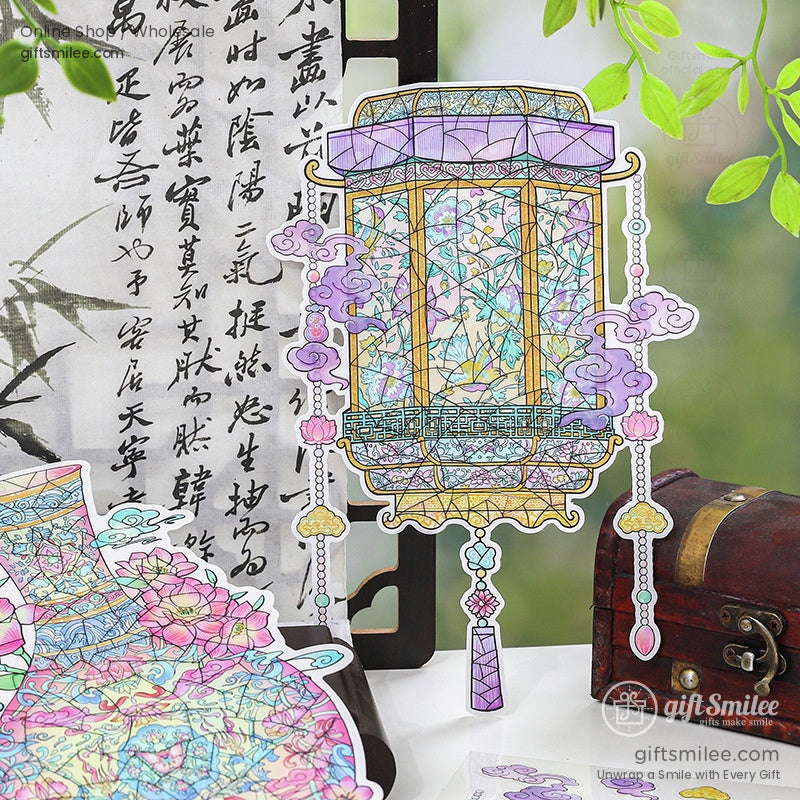 Decorative stained glass lantern puzzle with intricate floral and cloud patterns