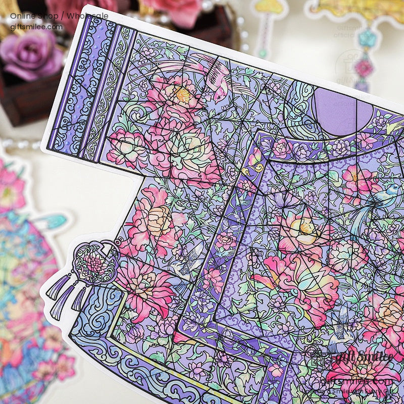 Detailed close-up of purple floral stained glass kimono-shaped puzzle piece
