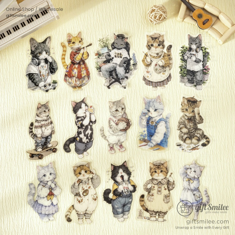 Fifteen whimsical cat figures in various outfits and poses on a white backdrop