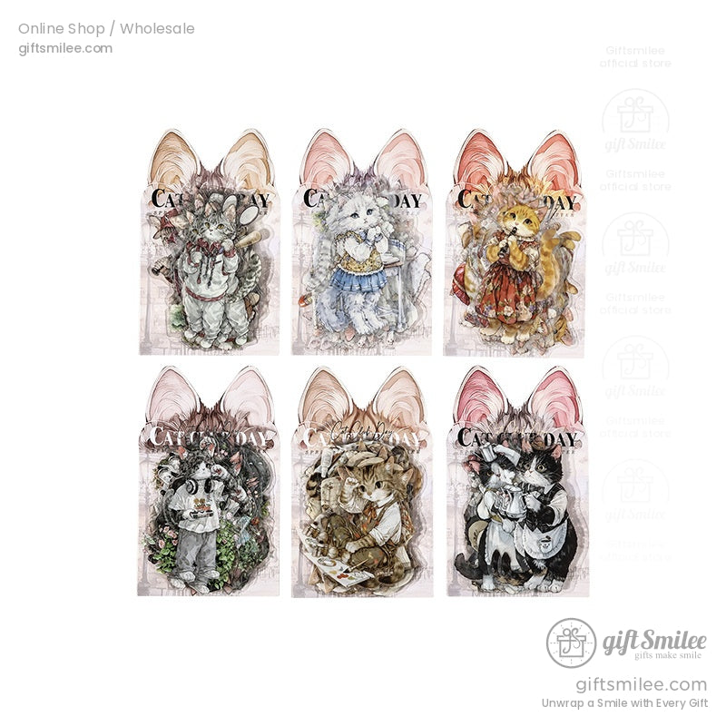 Six cartoon cat standees in unique packaging featuring playful and artistic designs