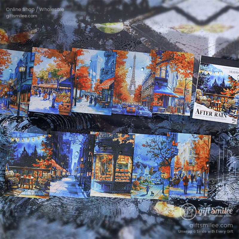 A collection of scenic stickers showcasing autumn streets, cozy cafes, and illuminated Paris landmarks
