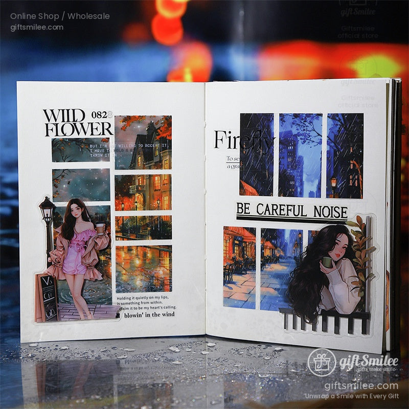 A scrapbook page with autumn-themed stickers and artistic character illustrations