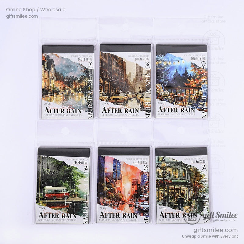 A packaged set of After Rain stickers displaying city streets and serene natural landscapes