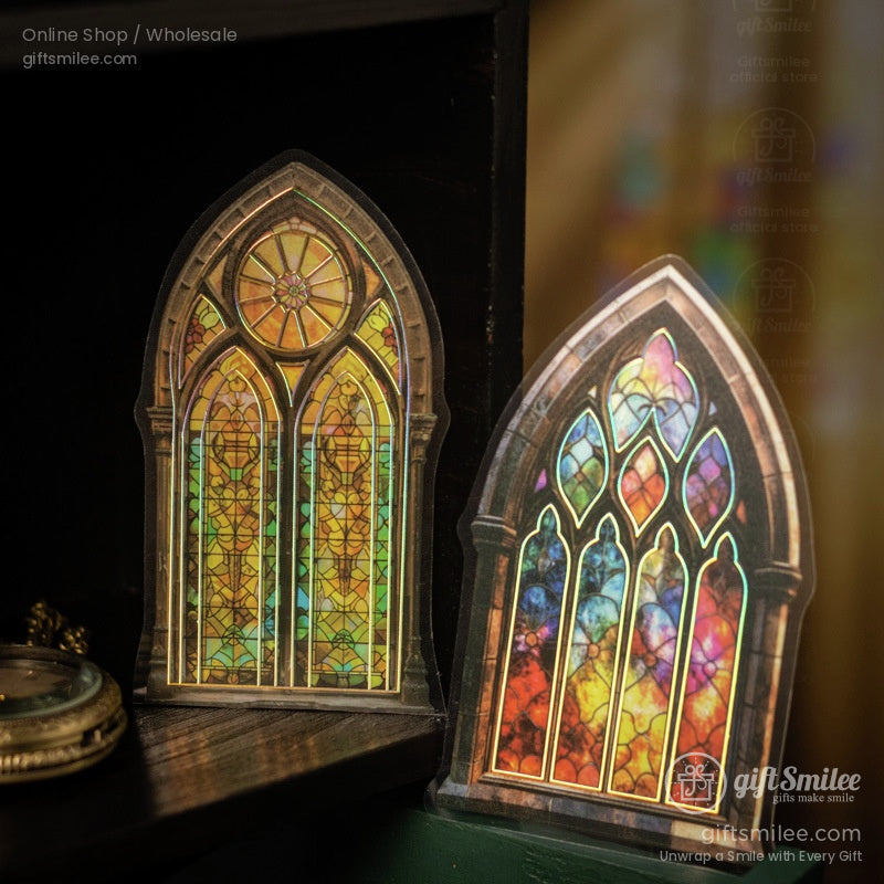 Close-up of stained glass stickers with colorful cathedral designs