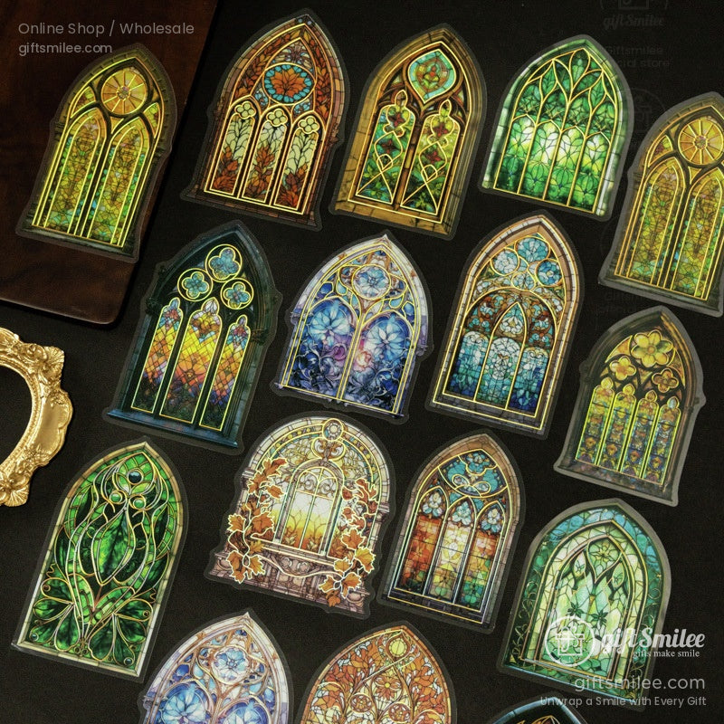 Assorted vintage stained glass sticker set displayed on a black surface