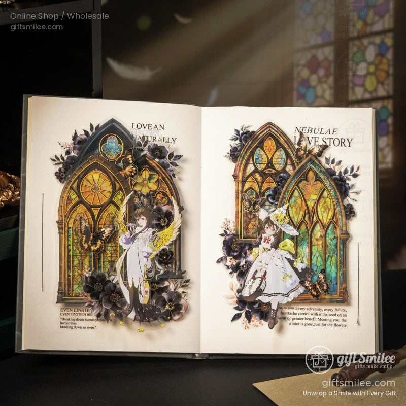 Stained glass stickers used as embellishments in a scrapbook journal