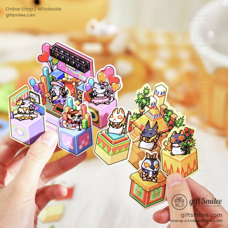 Close-up of hand-held 3D animal stickers, showcasing adorable characters and vivid fantasy-themed details