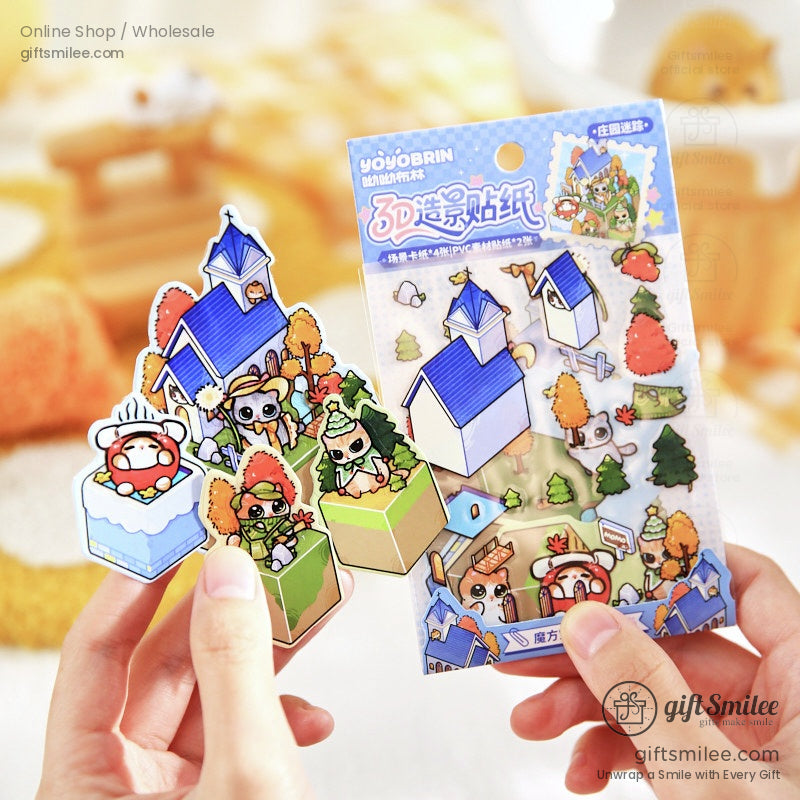 A packaged 3D sticker set with animals, houses, and trees, perfect for scrapbooking and decoration