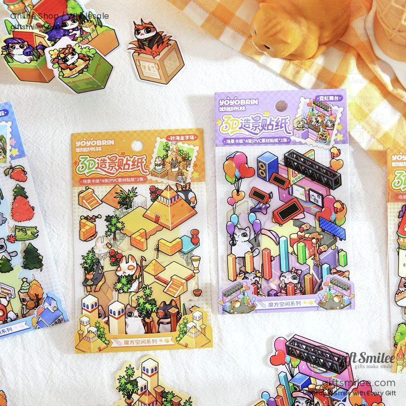 Multiple themed sticker packs displayed, showing fantasy village, party, and other creative designs