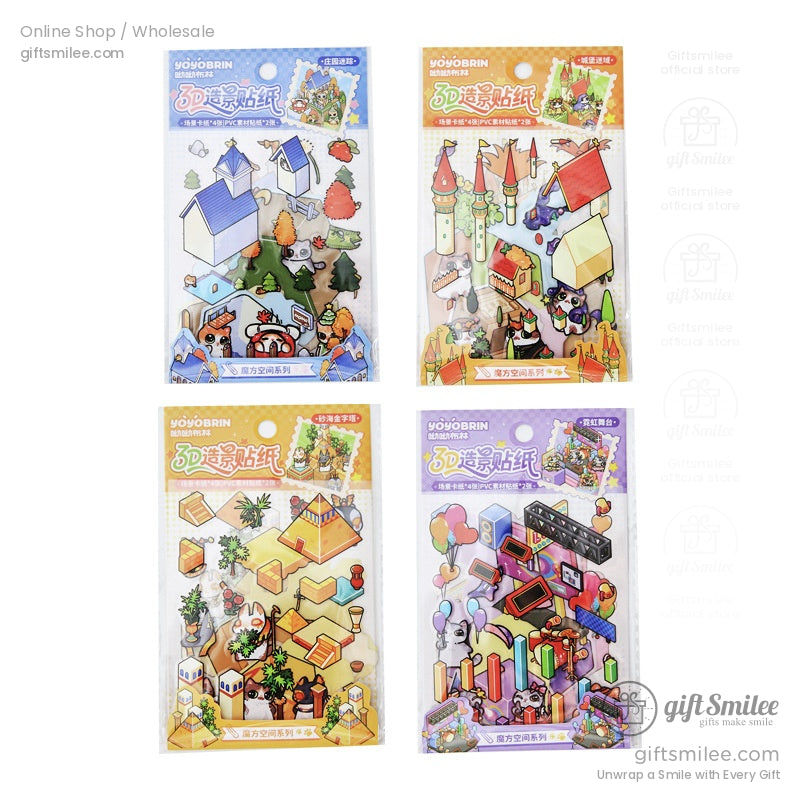 Complete set of 3D fantasy village stickers, combining animal characters, scenes, and vibrant colors for crafts