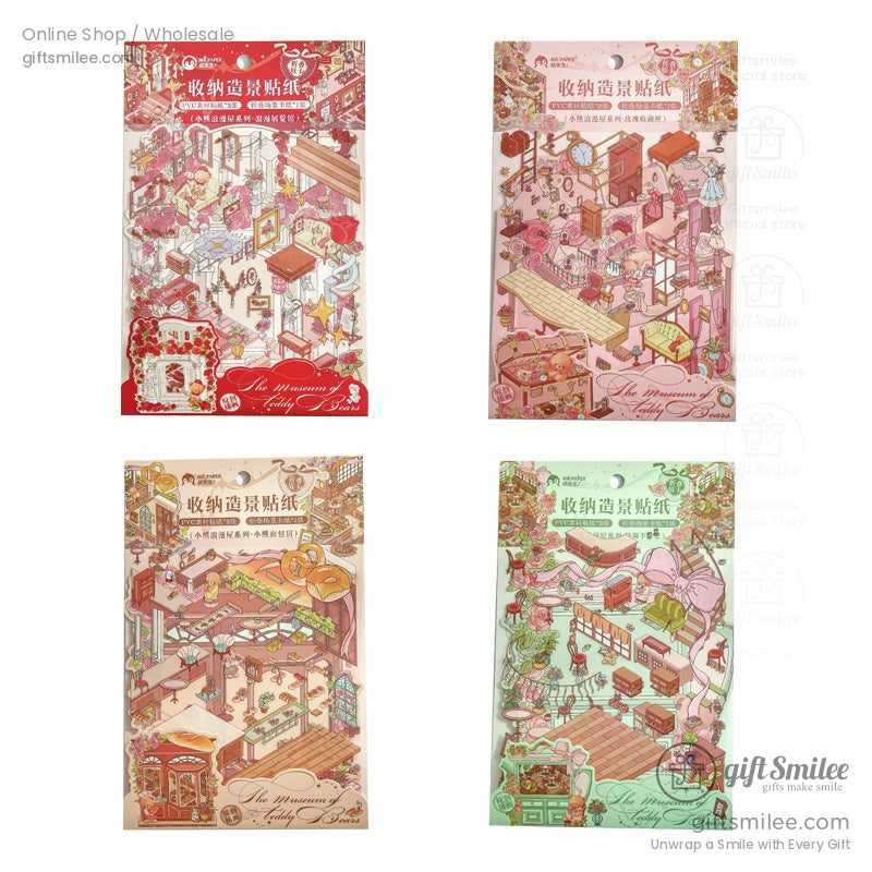 Four different sticker pack designs from the Romantic Teddy Bear collection, each with unique rose-themed scenes