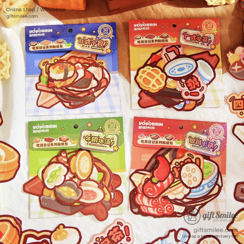 Four packs of Japanese food-themed stickers featuring sushi, ramen, hot pot, and desserts