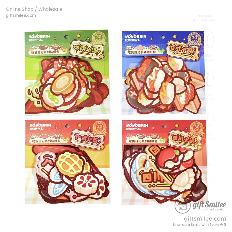 Assorted Japanese food sticker packs, perfect for scrapbooking and decorating