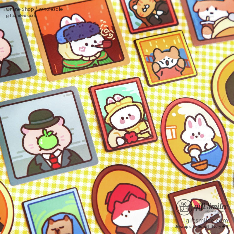 Cute animal portrait stickers in cosplay outfits on a yellow background