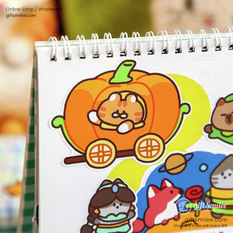 Pumpkin carriage sticker with adorable animal characters on a notebook