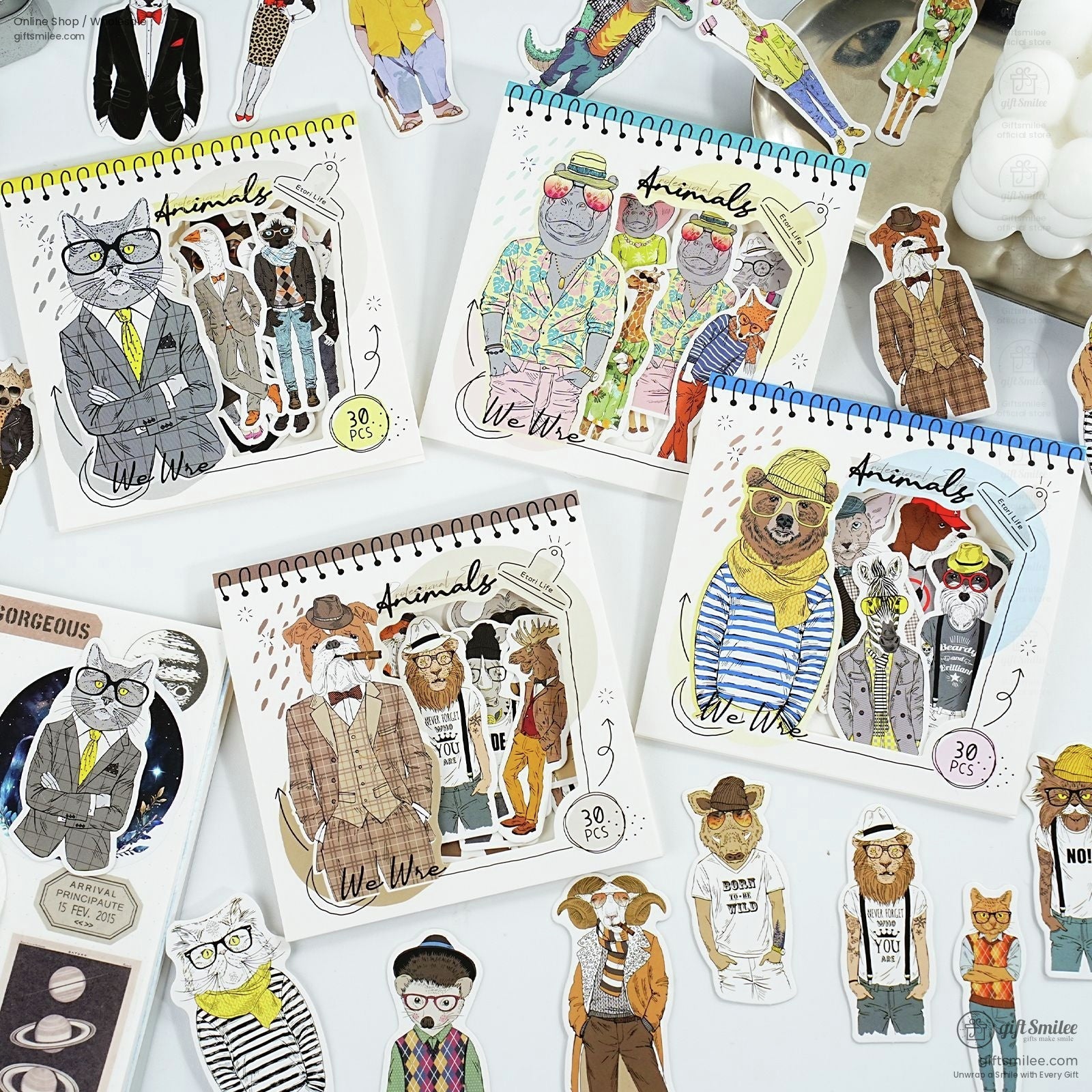A set of vintage animal hipster stickers featuring cats, bears, and other animals in stylish outfits