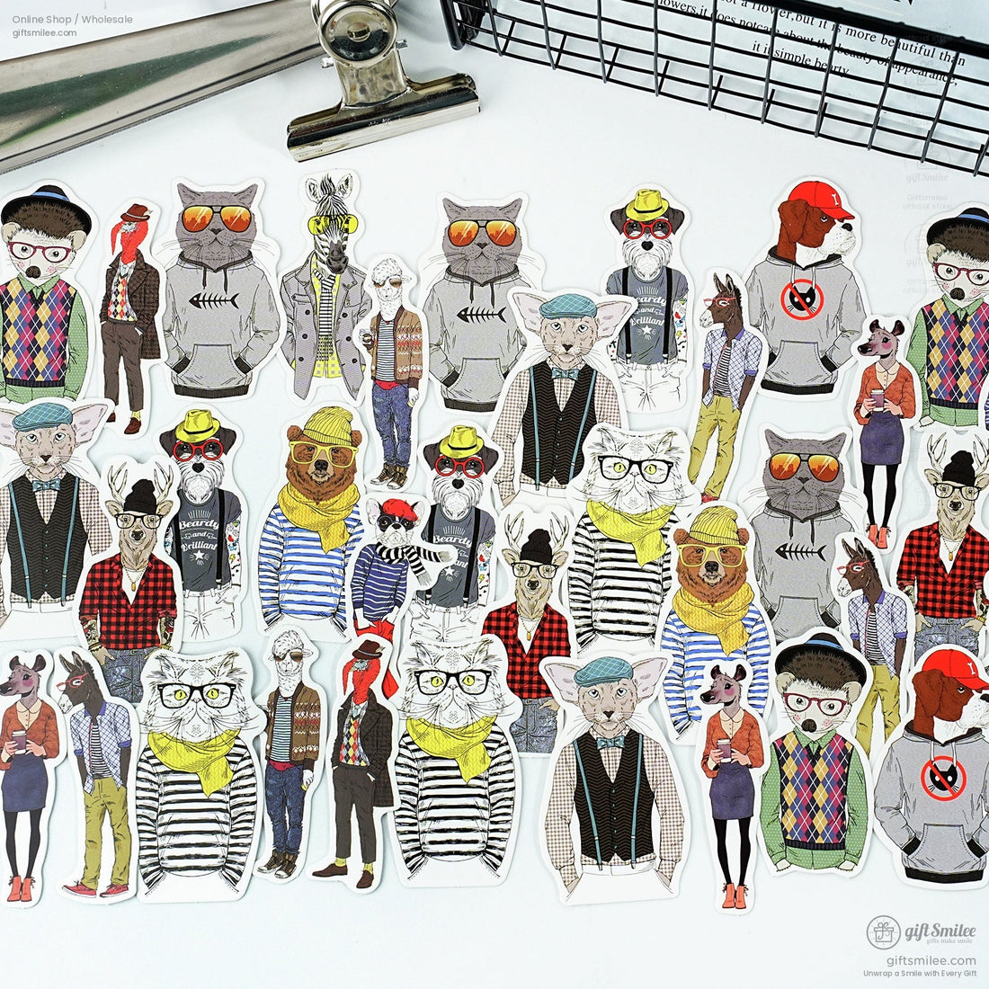 A set of vintage animal hipster stickers featuring cats, bears, and other animals in stylish outfits