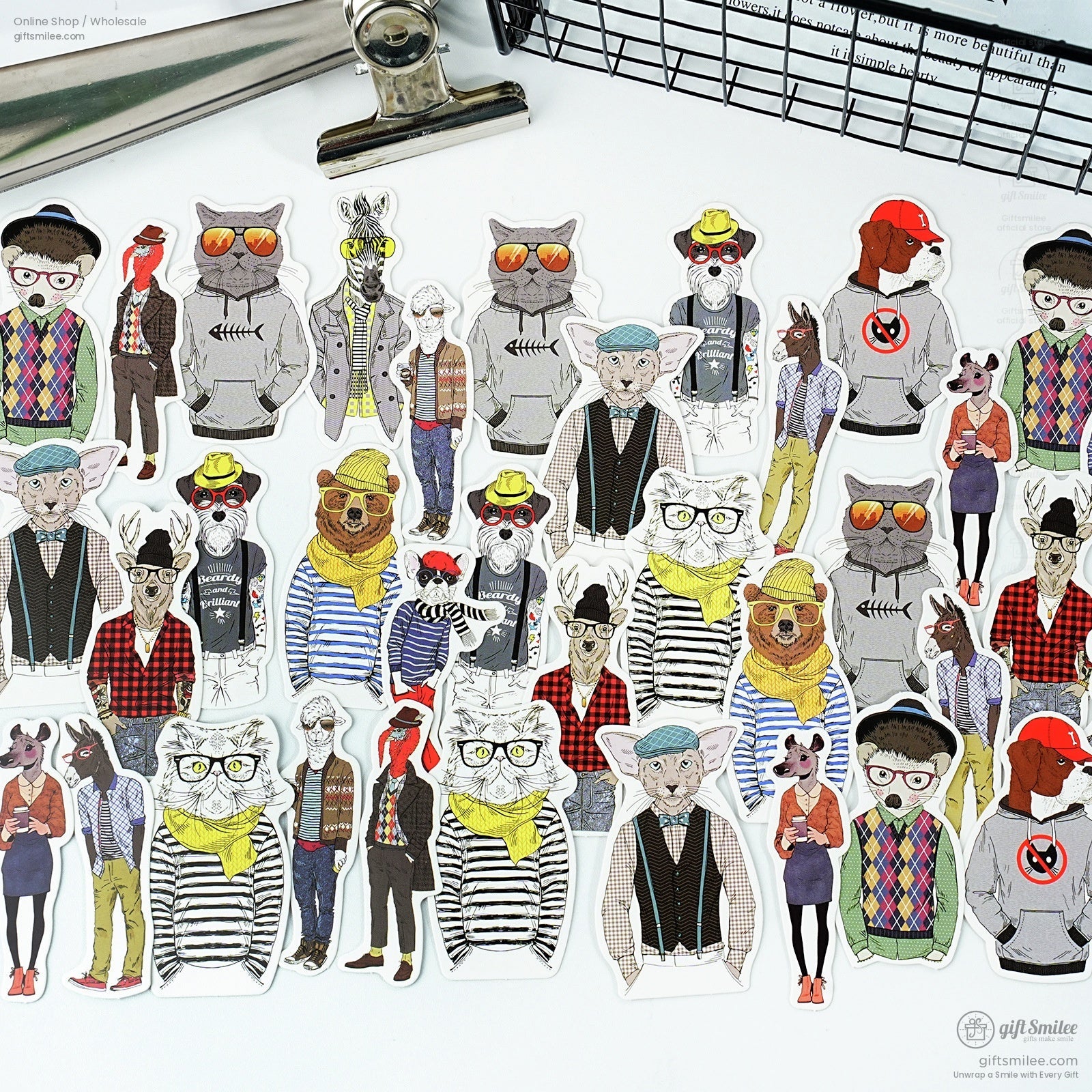 Close-up of retro animal stickers with sunglasses, hats, and trendy attire, perfect for journaling