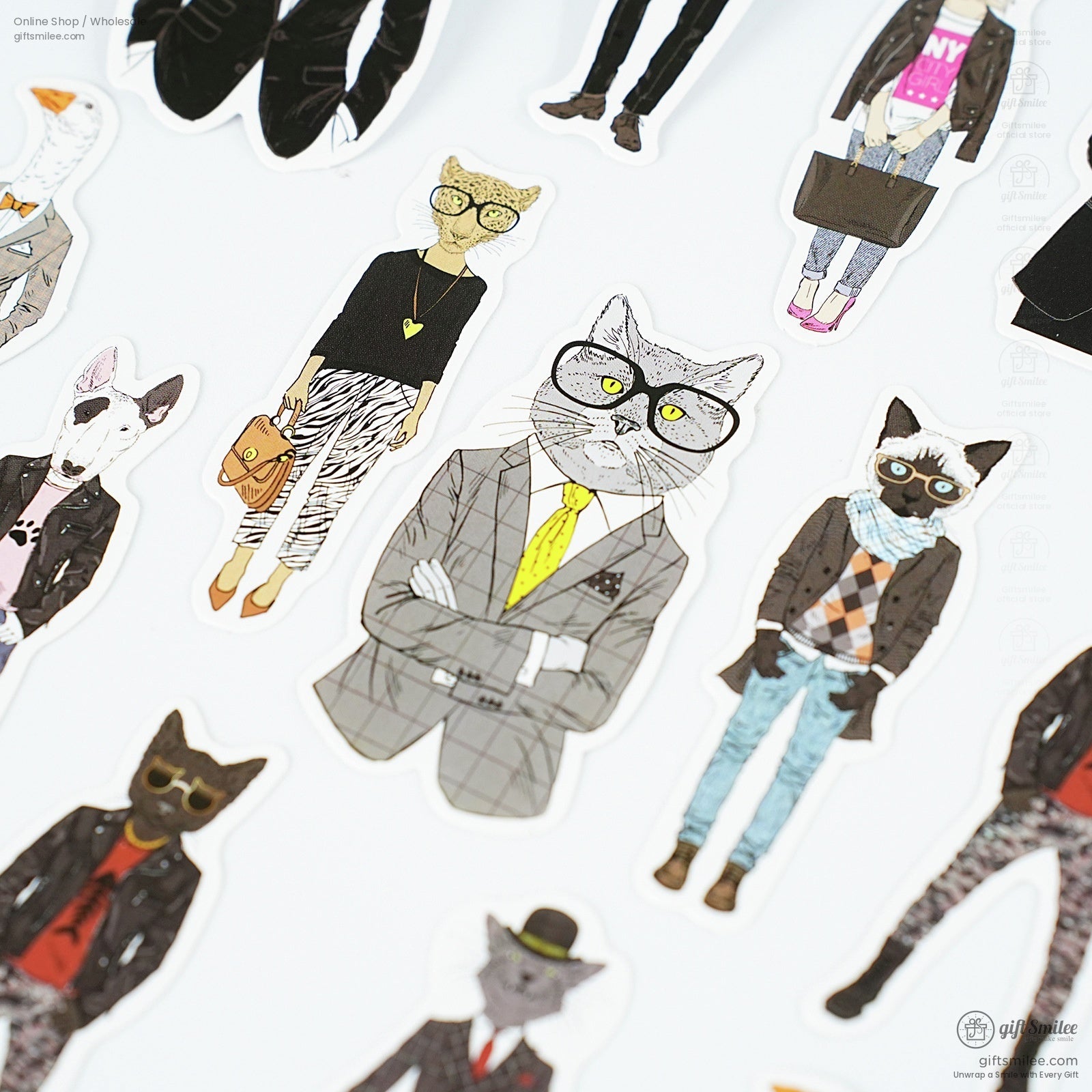 Assorted cool animal stickers, including cats in suits and bears in striped shirts, for scrapbooking