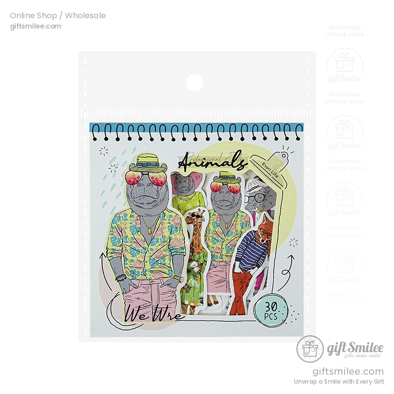 Packaging of the 30PCS retro animal sticker set with a stylish and colorful design