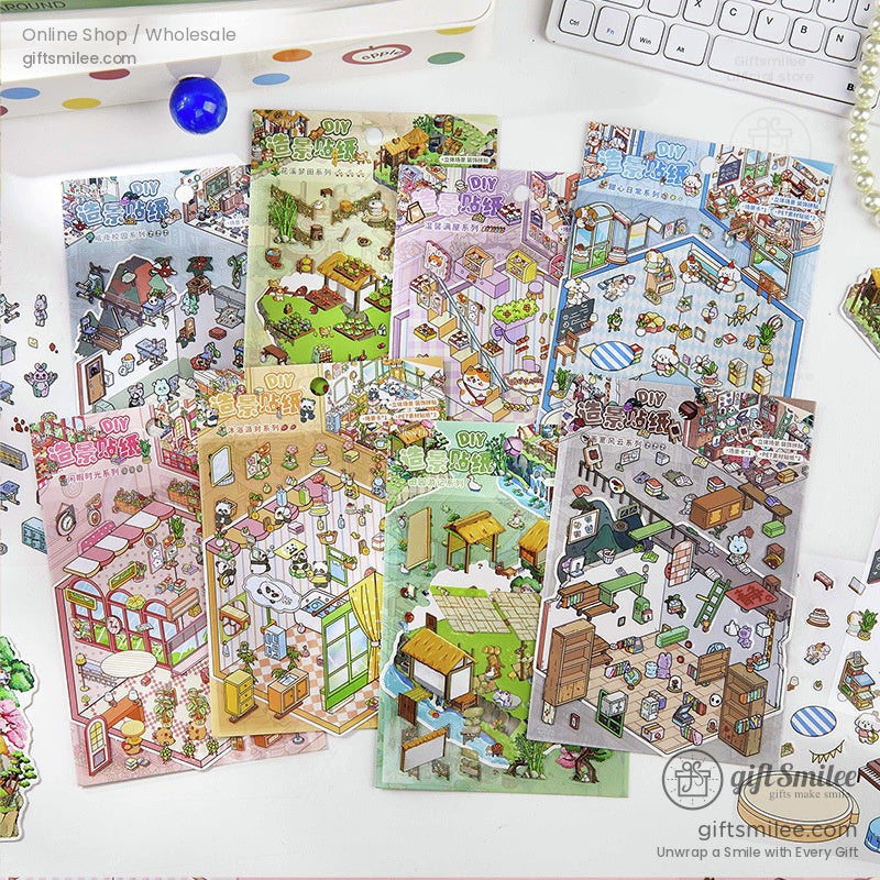 Multiple DIY cartoon sticker packs displayed on a colorful desk setup