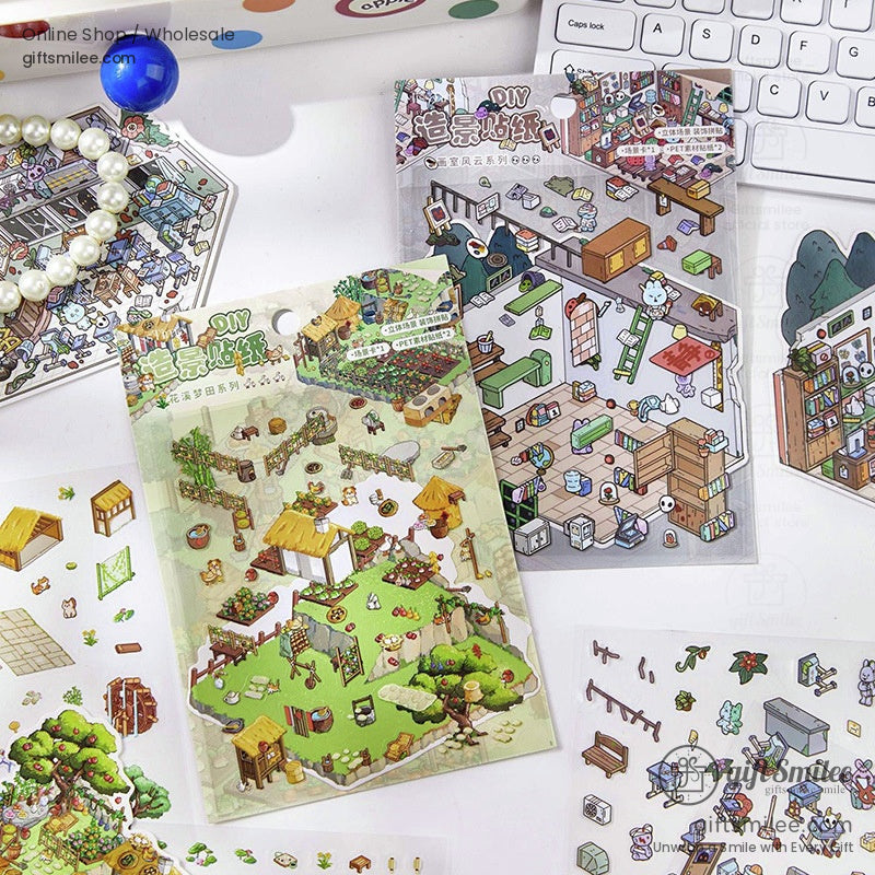 A collection of DIY miniature world sticker packs with various creative cartoon themes