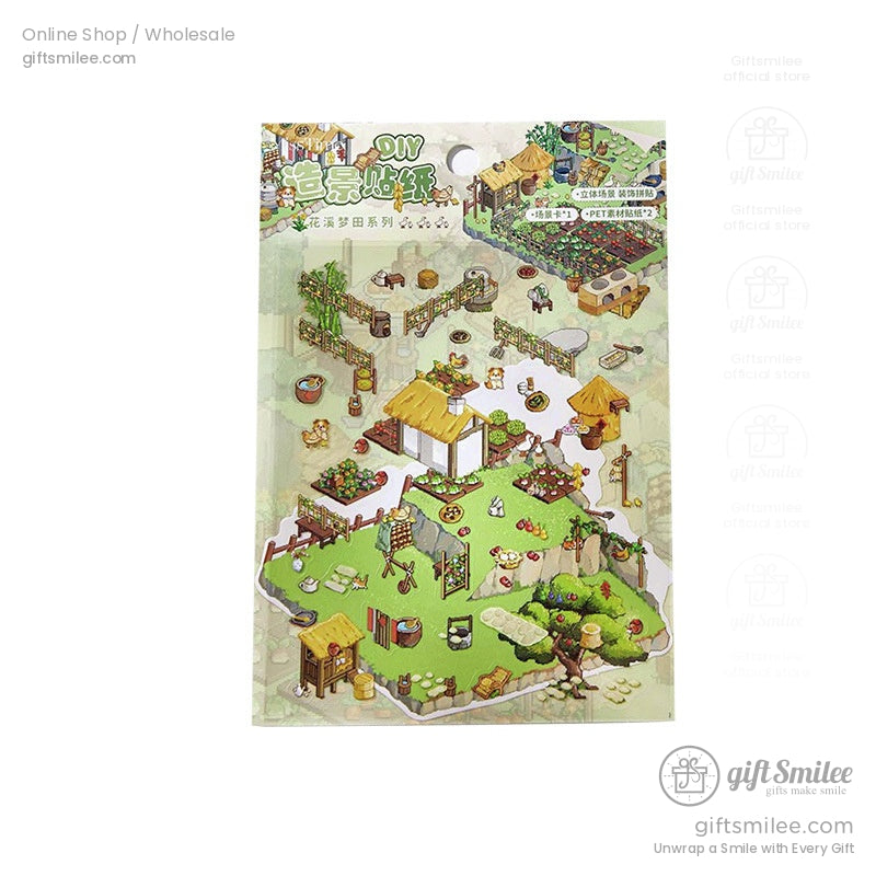 A packaged DIY miniature world sticker set with a farm-themed scene