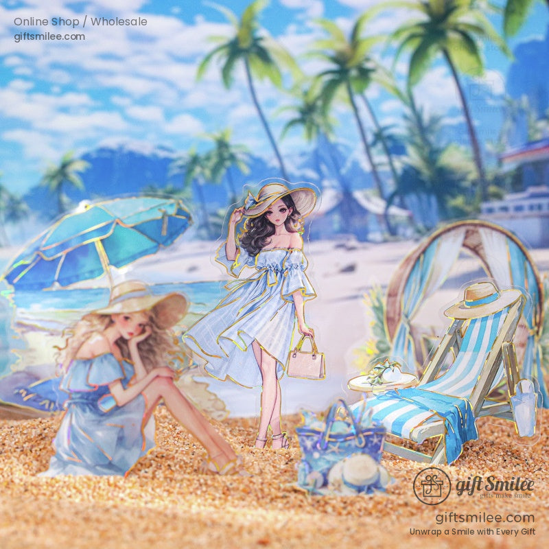 Stylish summer girls in pastel dresses on a sandy beach with palm trees and a beach chair