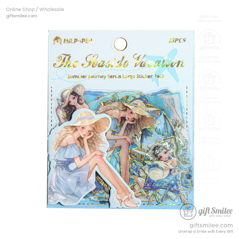 The Seaside Vacation sticker pack featuring various summer-themed designs in a clear package
