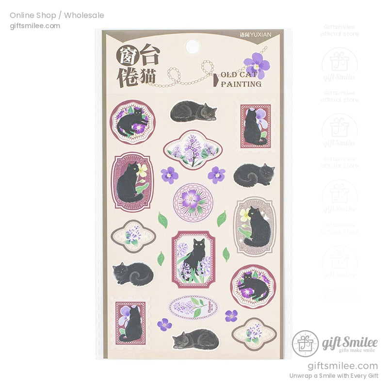A single sticker sheet with black cats, purple flowers, and ornate frames, capturing a vintage aesthetic
