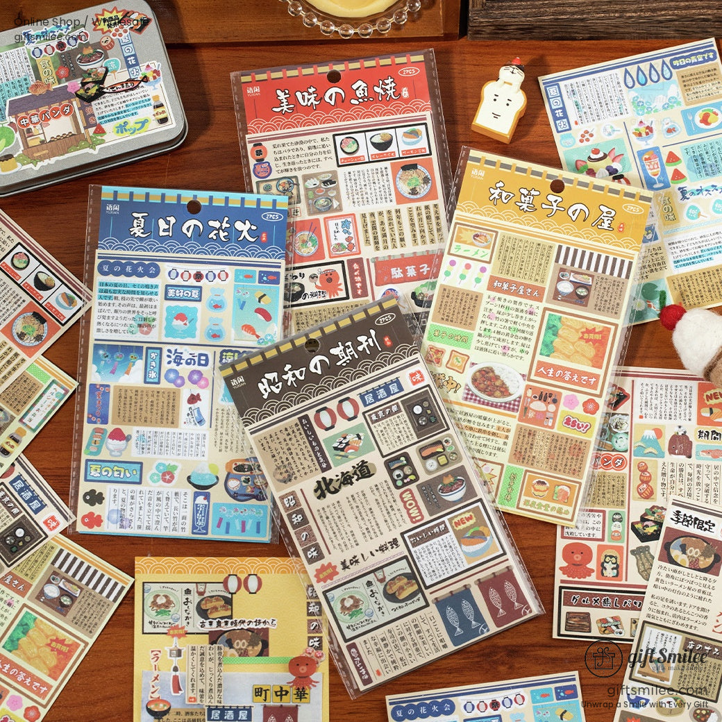 Assorted Japanese retro-themed stickers spread on a wooden table