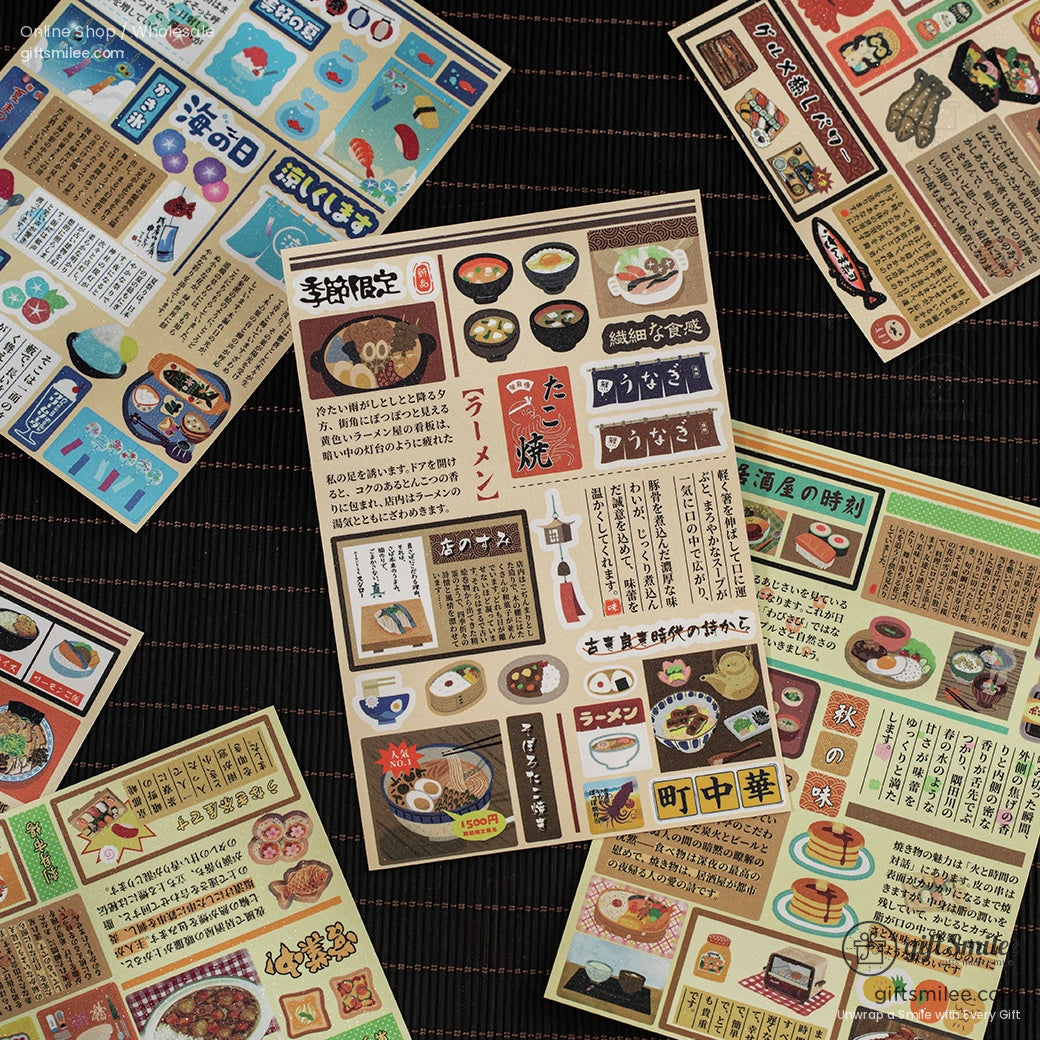 Close-up of Japanese nostalgic food sticker sheets on a dark surface