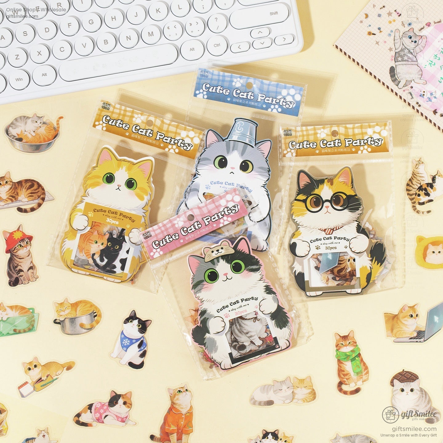 Cute Cat Party sticker set packaging with adorable cat illustrations