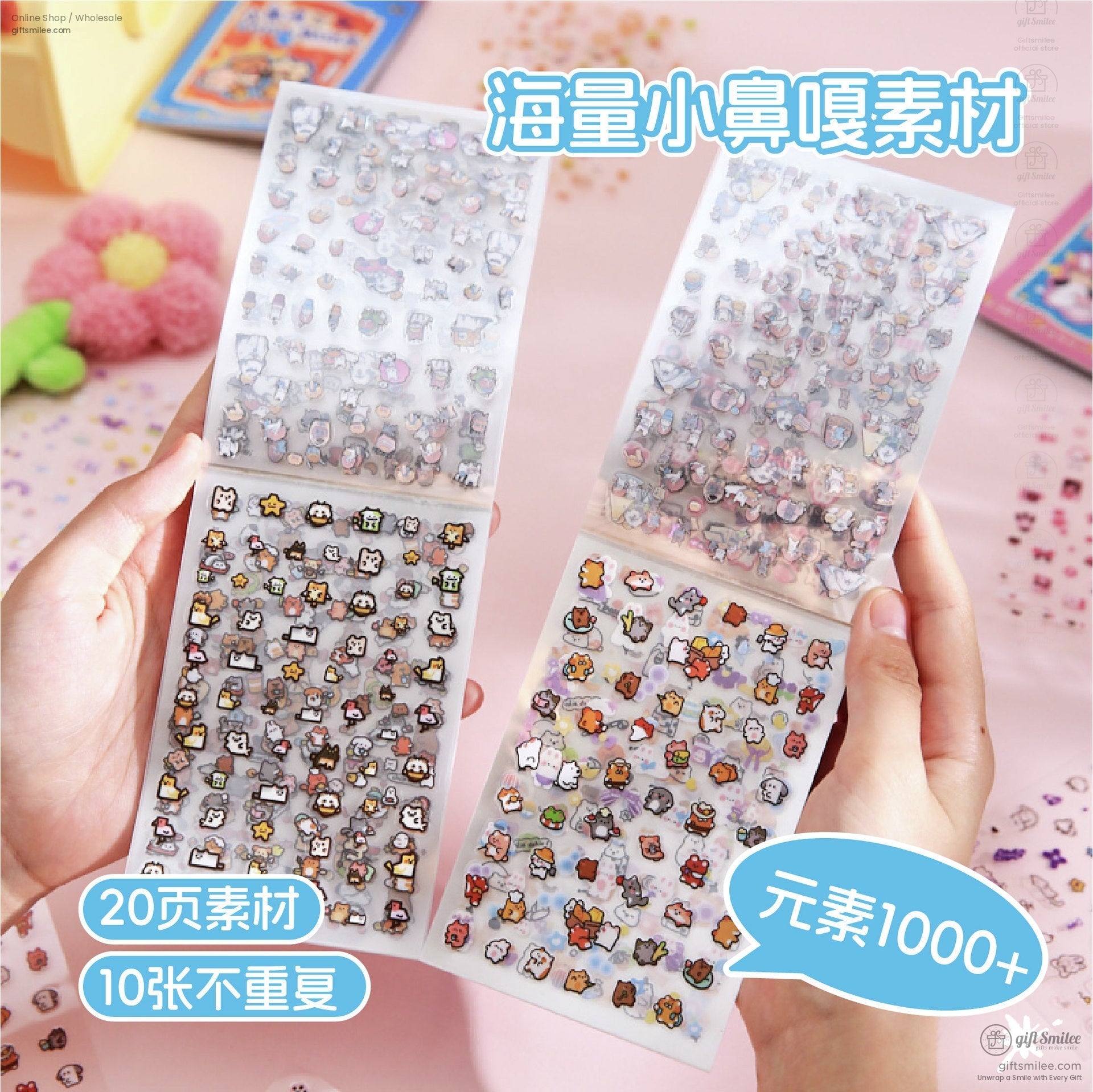 Open sticker sheets showcasing over 1000 unique mini kawaii designs, including animals and food items