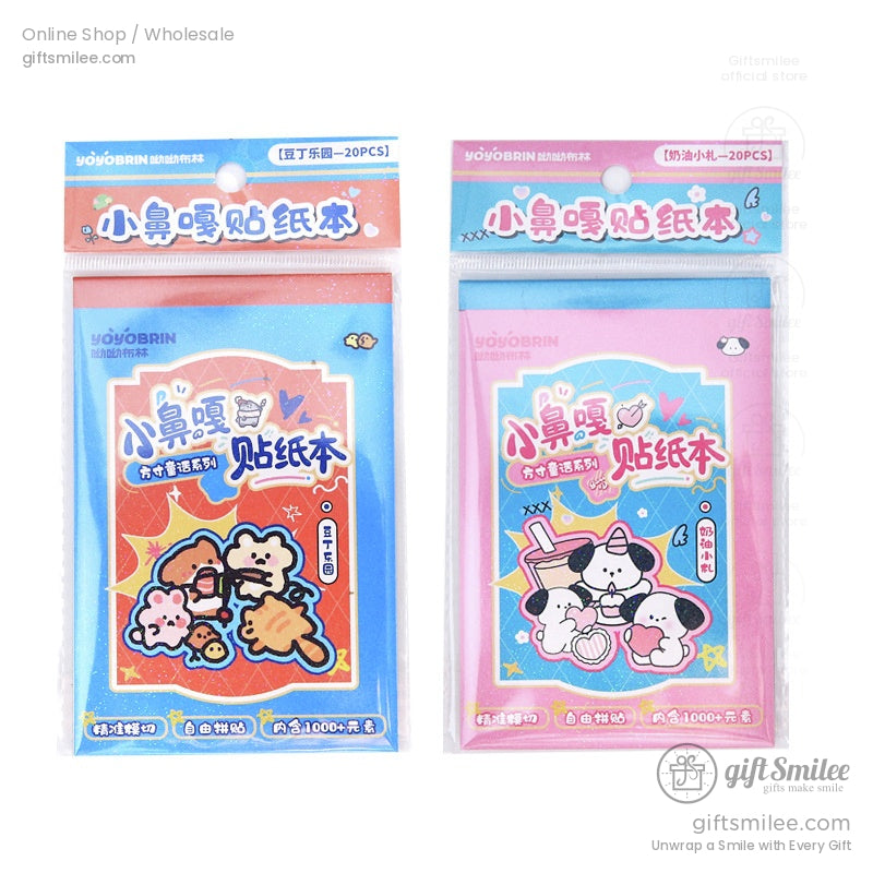 Packaging of kawaii sticker books in pink and blue, highlighting their fun and creative themes
