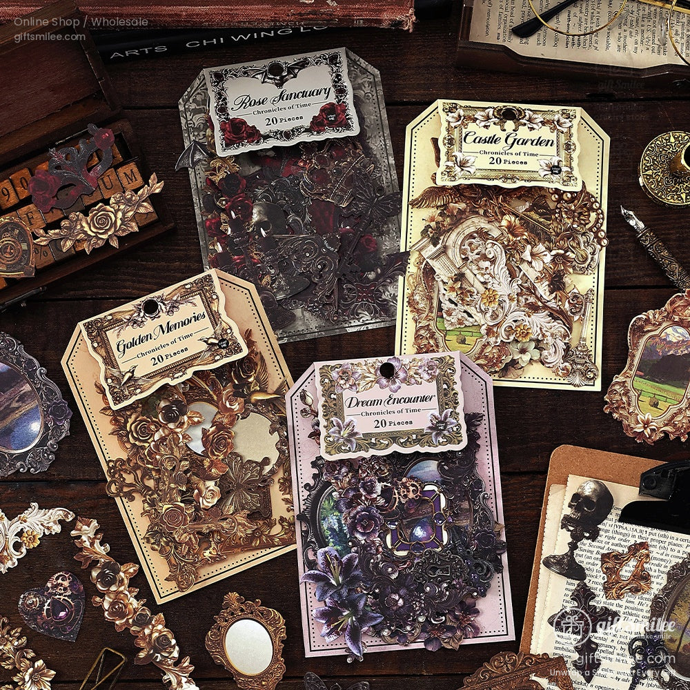 A collection of vintage scrapbooking ephemera packs with gothic floral and golden frame designs