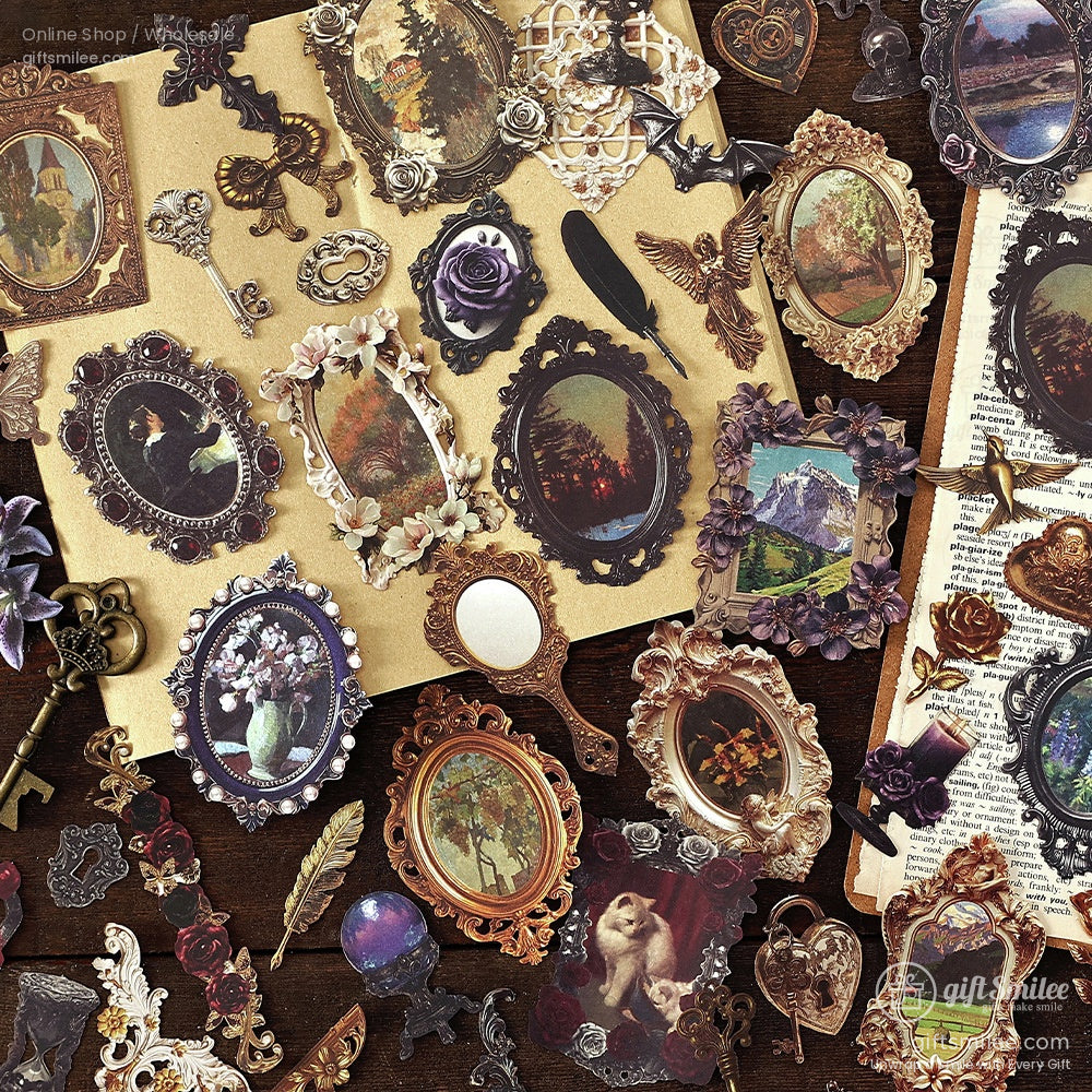 Assorted antique-style frame stickers and embellishments displayed on a scrapbook page with retro keys and roses